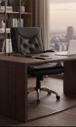 صندلی کارمندی چرم چرخ‌دار با دوخت طراحی شده و دکمه‌دوزی پشتی