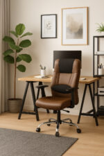 صندلی کارمندی ارگونومیک چرخ‌دار با پشتی بلند و روکش چرم